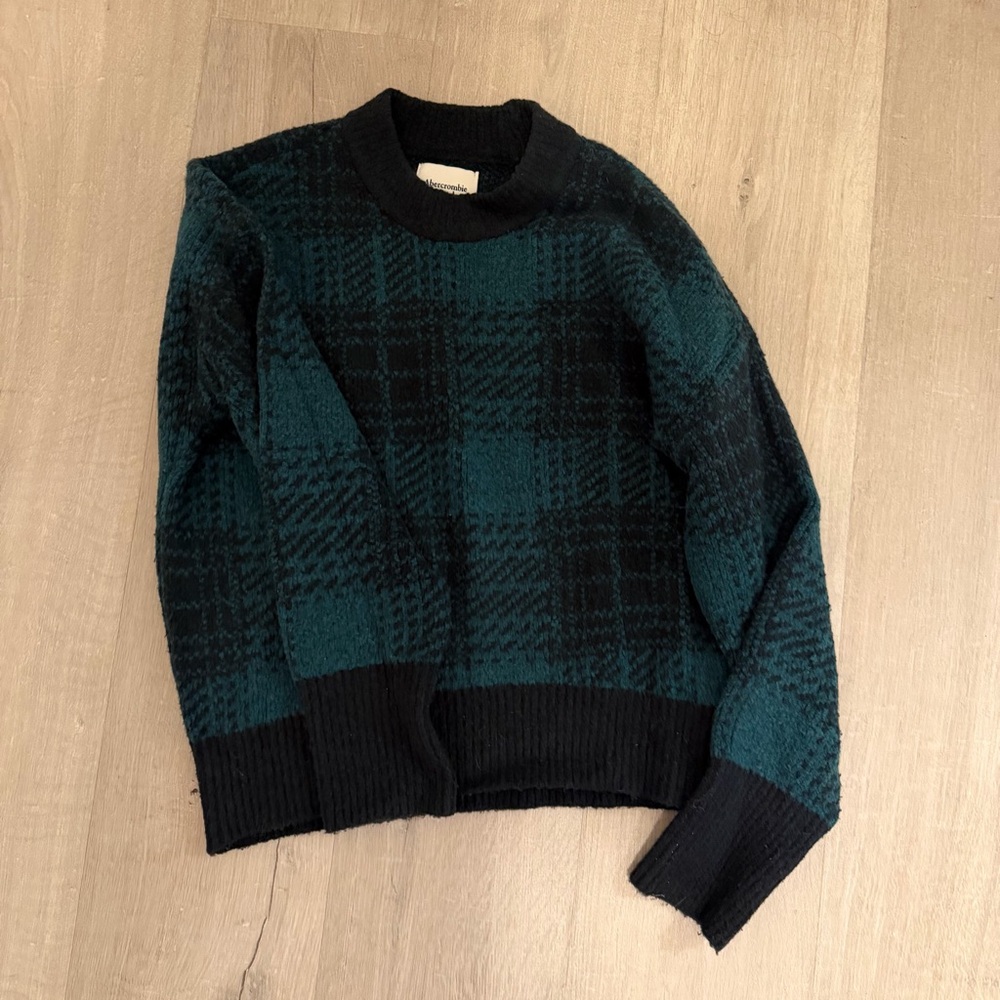 Abercrombie & Fitch Dark Green and Black Plaid Crewneck Sweater XS - Picture 2 of 6